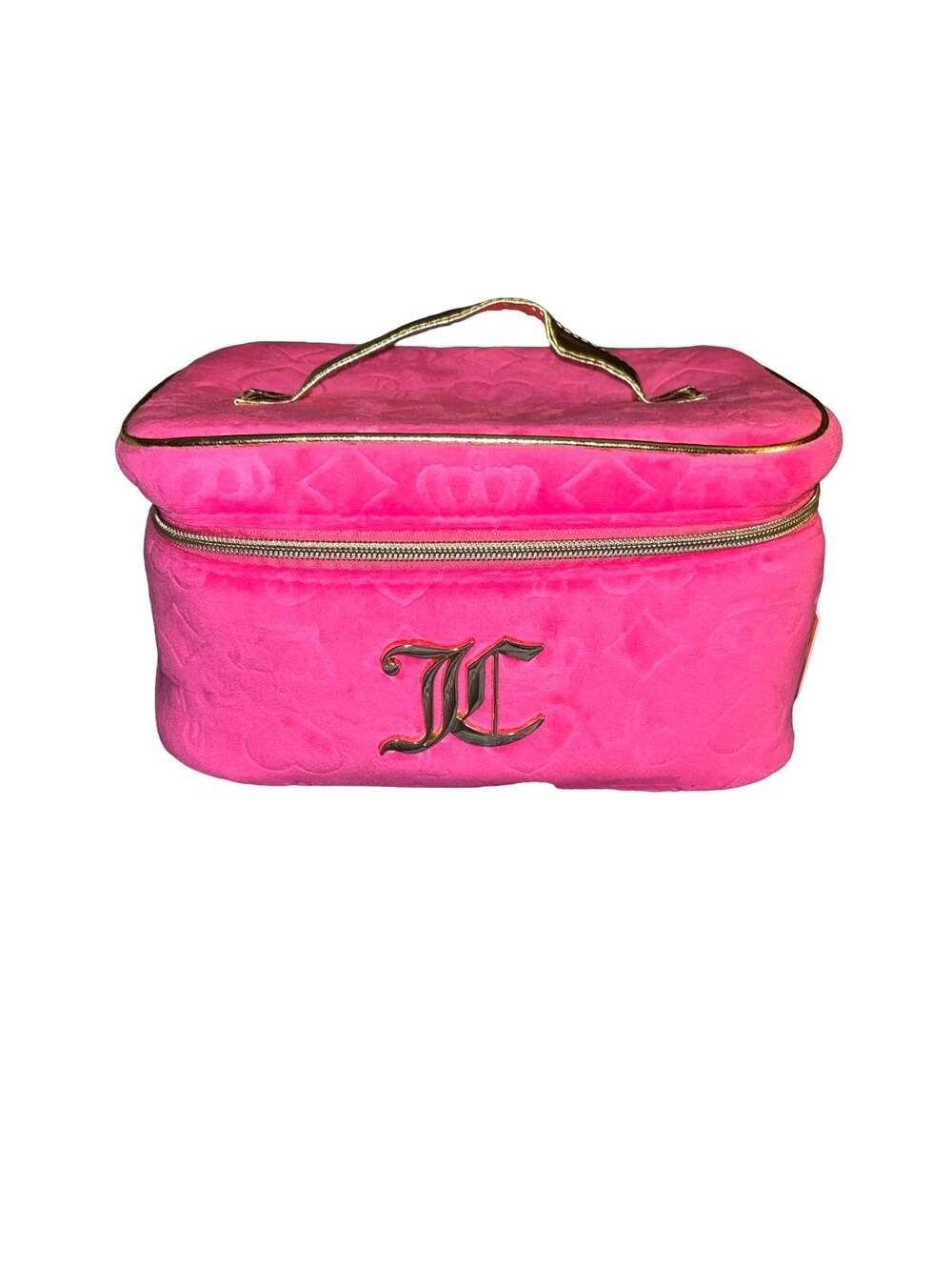 Juicy Couture Pink Velour Debossed Monogram Train Case Makeup Bag with Gold Hard